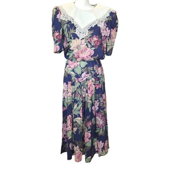 Vintage 80s Floral Blue Blouson Midi Dress Exaggerated Collar Cottage Core Small - Picture 2 of 8